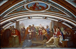 Galileo Galilei (1564-1642) demonstreert de wet betreffende val en zwaartekracht. Galilei demonstreert de ervaring met een hellend vlak tijdens een openbare lezing in Pisa. door Giuseppe Bezzuoli