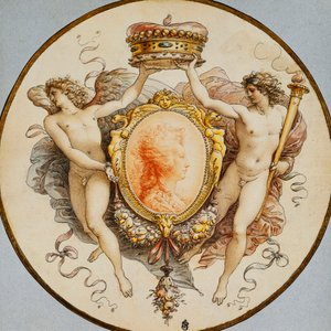 Een Ovaal Portret van een Vrouw in Profiel met een Decoratieve Rand van Grotesken en Festoenen, met Aanliggende Allegorische Figuren van Roem en Overwinning die een Kroon Vasthouden door Giuseppe Cades