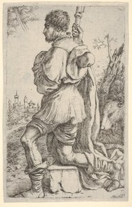 Sint Rochus, knielend op een steen, gezien vanaf de zijkant met zijn hond achter hem en een stad