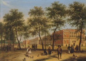 Vermoedelijk uitzicht op de Paseo del Prado met het Prado Museum, Madrid, 1827 door Giuseppe Canella