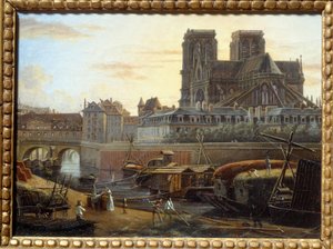 De Saint Charles-brug, het hotel dieu, de archeveche en Notre Dame gezien vanaf de Quai de la Tournelle in Parijs