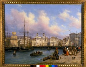 Zicht op de haven van Triëst, schilderij door G. Canelia