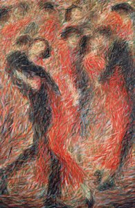 Tango, vrouw in rood gekleed dansend, fantasie van dansend paar door Giuseppe Cominetti