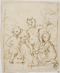 Drie Putti en hond in een landschap