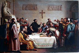 De eed van Pontida Ceremonie van alliantie op 07/04/1167 tussen de gemeenten van Lombardije tegen het Heilige Roomse Rijk van Frederik Barbarossa. Het is de oorsprong van de Lega Lombarda (Lombardische Liga). Schilderij door Giuseppe Diotti
