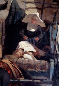 Italiaans militair kamp tijdens de Slag bij Magenta op 4 juni 1859 tijdens de Italiaanse campagne leidend tot een Frans-Sardijnse overwinning onder leiding van Napoleon III tegen de Oostenrijkers - Detail (verpleegster helpt gewonde)
