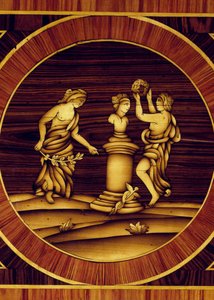 Propitiatorisch ritueel bij herm van Mercurius, detail van ladekast in walnoot, esdoorn, buxus, olijf, roos en rozenhout, door Giuseppe Maggiolini (1738-1814), Italië