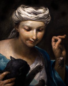 Klein meisje speelt met een kat en een dode muis (detail)