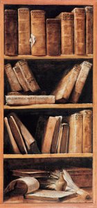 Stilleven bibliotheek met muziekboeken. Schilderij door Giuseppe Maria Crespi, bekend als lo Spagnolo (de Spanjaard) (1665-1747) 1715 Bologna, Conservatorio di musica