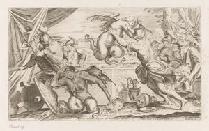 Aeneas en zijn metgezellen vechten met de Harpijen Omzwervingen van Aeneas (serietitel) L
