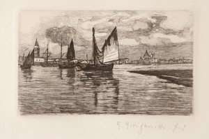 Boten in de lagune door Giuseppe Miti Zanetti