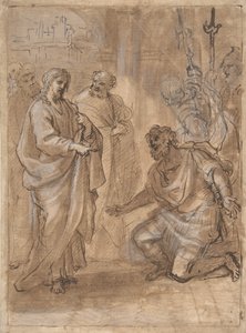 Christus en de centurion recto, figuur zwaaiend naar vertrekkend schip verso door Giuseppe Passeri
