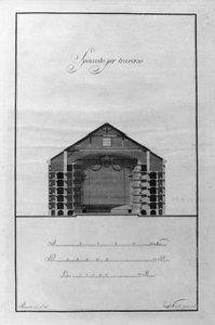 Architectonische doorsnede van het Theater van La Scala door Giuseppe Piermarini (1734-1808) rond 1776-1778 Milaan, Italië (Architectonische doorsnede van theater alla Scala door Piermarini, Milaan, Italië) Gravure