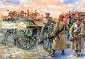 Krimoorlog: Russische artillerieheer van de Slag bij Balaklava op 25/10/1854 - Illustratie door Giuseppe Rava