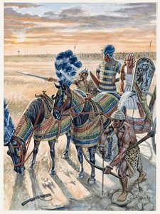 Egyptische oudheid: voorstelling van Farao Ramses II (1304-1213 v.Chr.) met zijn leger - Illustratie door Giuseppe Rava door Giuseppe Rava