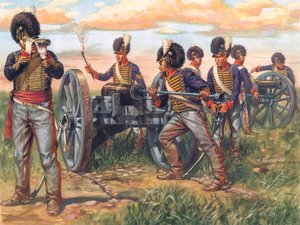 Eerste Keizerrijk: Engelse artilleriesoldaten die een kanon laden tijdens de Slag bij Waterloo in 1815 - Illustratie door Giuseppe Rava
