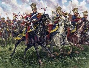 Eerste Keizerrijk: de Rode Lansiers of Regiment van Paard-Legers van de Keizerlijke Garde tijdens de Slag bij Waterloo op 18/06/1815 door Giuseppe Rava