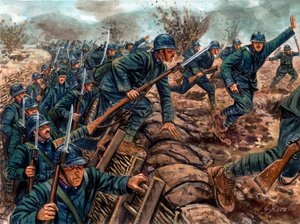 Eerste Wereldoorlog: Aanval van de Italiaanse infanterie - Illustratie door Giuseppe Rava