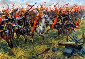 Eerste Keizerrijk: 2e regiment lansiers van de Keizerlijke Garde van Napoleon I bij de Slag bij Waterloo 18/06/1815 (Illustratie) door Giuseppe Rava