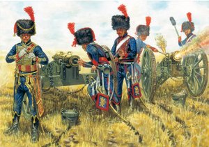 Eerste Keizerrijk: soldaten van de artillerie van de Keizerlijke Garde van Napoleon I bij de Slag bij Waterloo 18/06/1815 (Illustratie door Giuseppe Rava)