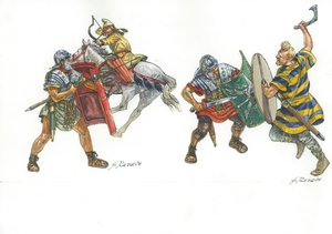 Romeinse legionairs vechten tegen een Parthische bereden boogschutter en een Frankische krijger door Giuseppe Rava