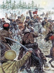 Russische Burgeroorlog (1917-1923): Kaukasische soldaten aan de zijde van de Witte Legers in 1919 - Illustratie door Giuseppe Rava door Giuseppe Rava