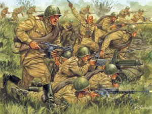 Tweede Wereldoorlog: Aanval van Russische infanterie in lichte uniformen - WOII: Russische soldaten in zomerse uniformen - Illustratie door Giuseppe Rava