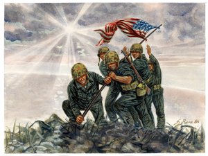 Tweede Wereldoorlog, Pacifische Oorlog: Slag om Iwo Jima, overwinning van de Amerikaanse mariniers in februari 1945 - WOII, Pacifische oorlog: Slag om Iwo Jima (Operatie Detachment), de Amerikaanse mariniers hijsen de Amerikaanse vlag, februari 1945, Japan door Giuseppe Rava
