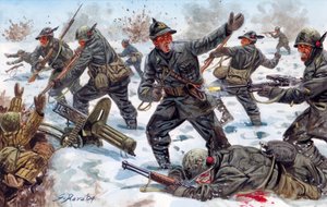 Tweede Wereldoorlog, Russisch Front: Italiaanse Alpenjagers in Rusland in januari 1943 - Illustratie door Giuseppe Rava