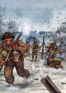 Tweede Wereldoorlog: Schotse soldaten tijdens de landing in Normandië 6/06/1944 - Illustratie door Giuseppe Rava