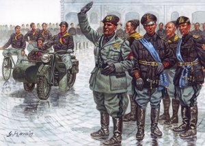 De Duce Benito Mussolini met zijn Zwarthemden tijdens een Militaire Parade