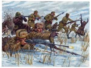 Tweede Wereldoorlog: Russische infanteriesoldaten die oprukken op het slagveld - Illustratie door Giuseppe Rava