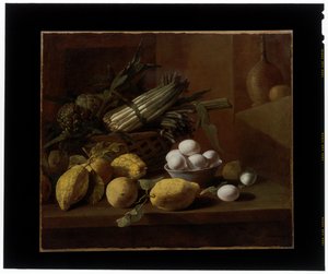 Keukenstilleven met artisjokken, asperges, citroenen en eieren