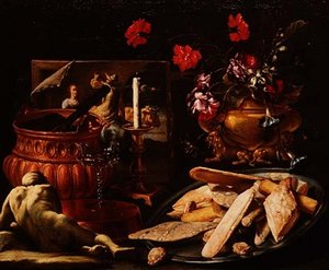 Stilleven met Bloemen in een Vergulde Urn, een Schilderij en Taarten op een Schotel