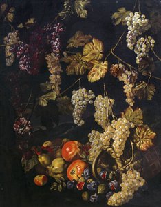 Stilleven met druiven, wijnbladeren en ander fruit
