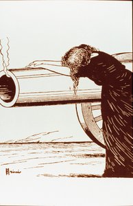 Eerste Wereldoorlog: een allegorie van oorlog, een vrouw, waarschijnlijk weduwe, in wanhoop, leunt op een nog rokend kanon