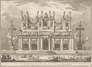 De Seconda Macchina voor de Chinea van 1765: Een versierd gebouw met Cockaigne-palen door Giuseppe Vasi, after Giuseppe Palazzi, after Paolo Posi