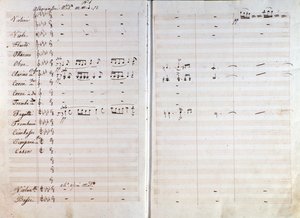 Dubbele pagina van originele muzikale partituur van Macbeth opera door Giuseppe Verdi