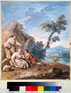 Drie boeren rustend aan de oever van een rivier door Giuseppe Zais
