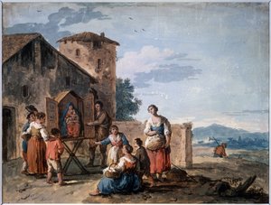 Een groep boeren voor een tabernakel met het Madonna-beeld door Giuseppe Zais