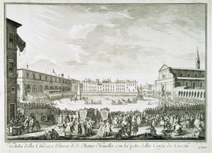 Festa della Corsa dei Cocchi op het Piazza Santa Maria Novella. Het feest van Corsa dei Cocchi plein van de Kerk van Santa Maria Novella in Florence. Tekening door Giuseppe Zocchi. Firenze, Biblioteca Riccardiana.
