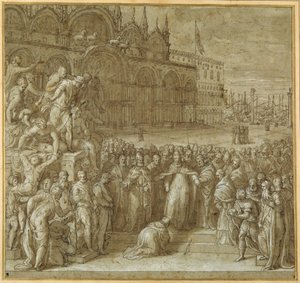 De verzoening tussen paus Alexander III en Frederik Barbarossa, in aanwezigheid van doge Sebastiano Ziani door Giuseppe della Porta Salviati