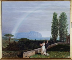 Landschap bij Genua, een paar kijkt naar een regenboog