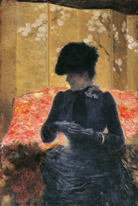 Vrouw op rode sofa door Giuseppe or Joseph de Nittis
