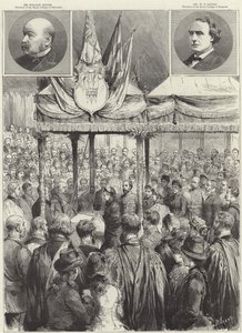De koningin legt de eerste steen van de nieuwe medische onderzoekshal op de Victoria Embankment (gravure)