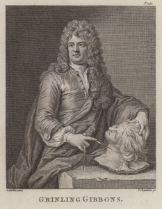 Grinling Gibbons, Engelse houtsnijder en beeldhouwer (gravure) door Godfrey (after) Kneller