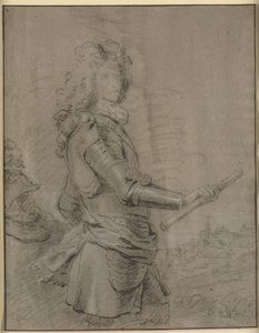 Driekwart portret van een commandant in harnas en met een staf in zijn rechterhand. Op de achtergrond een landschap met een stad door Godfrey Kneller