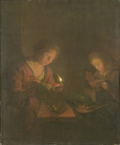 Vuur en Licht (Een Meisje Plaatst een Kaars in een Lantaarn en een Jongen Blaast op de Kolen in een Stoof)