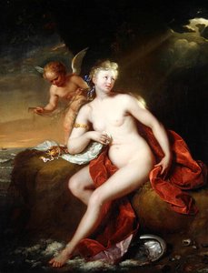 Pasgeboren Venus verzorgd door Cupido
