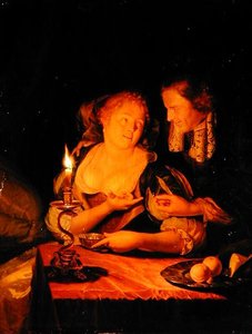 Een heer biedt een dame een ring aan door Godfried Schalcken